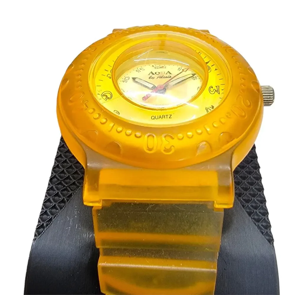 Vintage Y2K Aqua By Alexis Yellow Translucent Jelly Watch Bubble Dial Surf READ